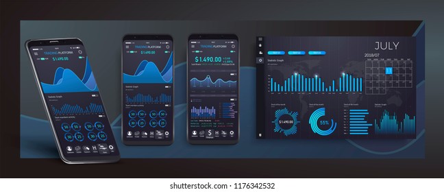 Mobile app infographic template with modern design weekly and annual statistics graphs.UI UX design app cryptocurrency wallet. Modern user interface screen template for mobile smart phone