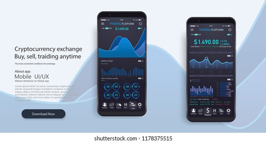 Mobile app infographic template with modern design weekly and annual statistics graphs. Pie charts, workflow, UI elements. Digital money market, investment, finance and trading. Perfect for web design
