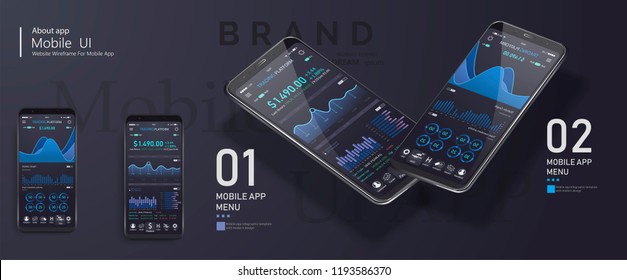 Mobile app infographic template with modern design weekly and annual statistics graphs. Pie charts, workflow, web design, UI elements. Vector EPS 10