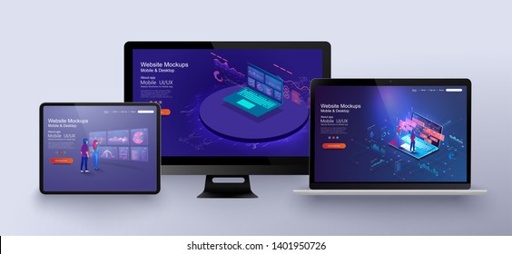 Mobile app infographic template with modern design weekly and annual statistics graphs. Application of laptop with business graph and analytics data on isometric laptop .  Perfect for web design.