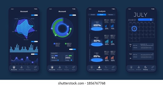 Mobile app infographic template with modern design weekly and annual statistics graphs. Pie charts, workflow, web design, UI elements. Easy to edit. Calendar, round diagrams and schemas, web interface