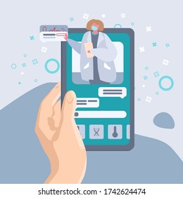 Mobile app infographics on grey backdrop. Online healthcare for social banner, landing page, health care promo, medical poster. Online chemist shop or info card. Flat style stock vector illustration