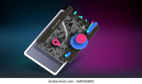 Mobile app interface for calling a doctor on a digital tablet screen in space