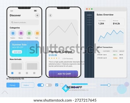 A mobile app interface with categories, a product details screen, and sales overview. Users can explore new arrivals and track transactions.