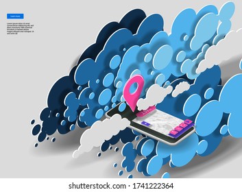 Mobile app interface with a city map and a place mark on the phone screen in the clouds. Vector banner