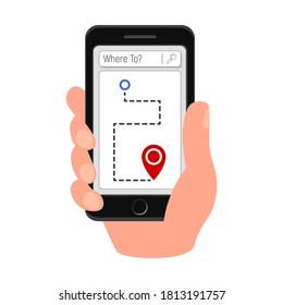 Mobile App Interface concept design. Geo Targeting icon. Map GPS navigation. Smartphone map application and red pinpoint on screen, App search map navigation, isolated on white background. 