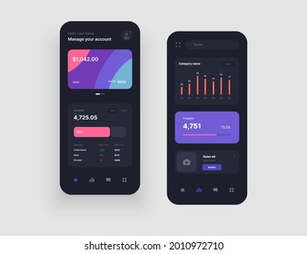 Mobile app interface design in dark colors with UI and UX elements. Use design for web application, desktop or mobile app.