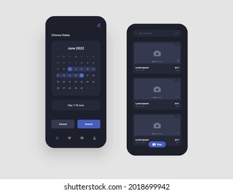 Mobile app interface design in dark colors for hotel booking or social media. Use design for web application or mobile app.