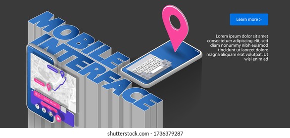 Mobile app interface in an isometric view and large letters. Vector banner