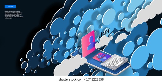 Mobile app interface on the phone screen in the clouds. Vector banner