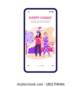 Mobile app interface on phone screen for happy family walking and resting in park. Mother, father and daughter at weekends on vacation or at leisure. Vector cartoon illustration