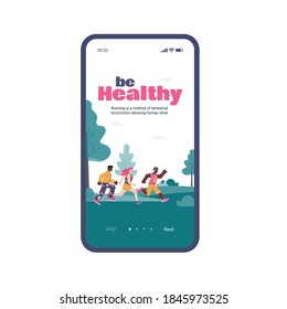 Mobile app interface on phone screen for active sports people. Training, marathon, race, workout or competition outdoor. Healthy lifestyle. Vector illustration.