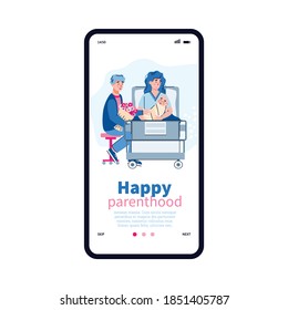 Mobile app interface on phone screen with married couple and newborn baby in modern maternity hospital. Happy pregnancy, maternity, parenthood, care for infant. Vector illustration
