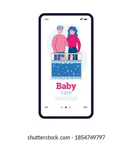Mobile app interface on phone screen with a family taking care of a newborn baby. Happy motherhood and fatherhood. Vector illustration.
