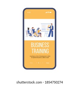 Mobile app interface on phone screen with business training or corporate seminar for company leaders or employees. Conference or education with coach speaker. Vector illustration