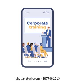 Mobile app interface on phone screen with corporate training for company employees with coach speaker. Business seminar, conference, education for workers. Vector illustration