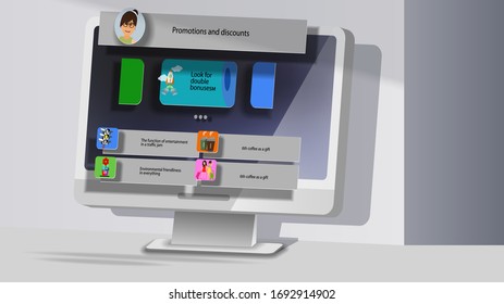 Mobile App-Schnittstelle mit Werbeaktionen und Rabatten auf dem Bürocomputer-Bildschirm. Vektorillustration-Banner