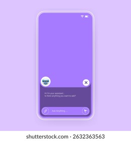 Mobile app interface with a purple theme featuring an AI assistant avatar, message prompt, and user input field.