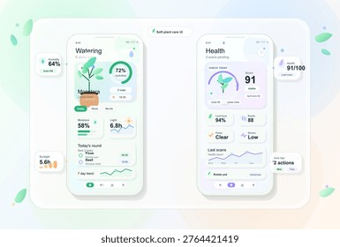 A mobile app interface shows features for managing plant care. The screen includes buttons and data about watering schedules and plant health scores. Users can track their plants' needs over time.