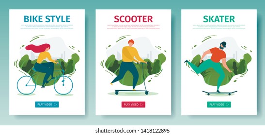 Mobile App Landing Page Set Offers Outdoor Activities with Eco Transport Use. Cartoon People Characters Cycling, Scooting and Skating. Active Weekend Lifestyle. Vector Flat Illustration
