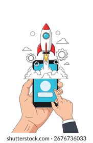 Mobile app launch concept with rocket taking off from smartphone screen