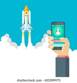 Mobile App. Launch Of The Space Shuttle Through A Mobile Application. Vector Illustration