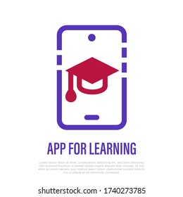 Mobile app for learning. Thin line icon. Graduation cap on smartphone. Symbol of e-learning. Vector illustration.