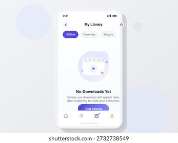 Mobile app library screen displays options for users to access offline videos, favorites, and watch history. The clean layout enhances user navigation and experience.