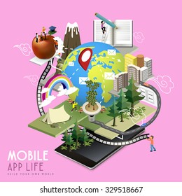 mobile app life concept in 3d isometric flat design