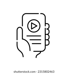 Mobile app for listening to podcasts or audio books. Hand holding a smartphone. Pixel perfect, editable stroke