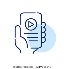 Mobile app for listening to podcasts or audio books. Hand holding a smartphone. Pixel perfect, editable stroke icon