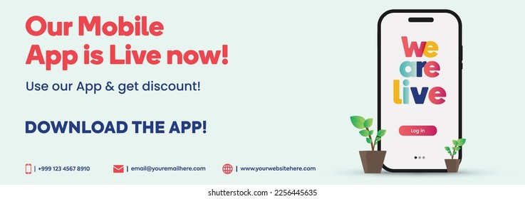 Mobile app is live now. Mobile application launch post Join Us, Log in now. App launch. Use our app and get a discount. Download the app now. Launch marketing. Announcement. Use and Get discount