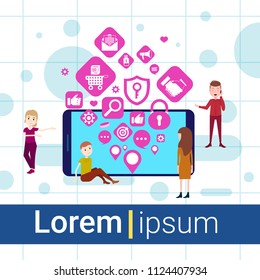 mobile app man woman team network applications icons social media networking concept for design work and animation horizontal flat vector illustration