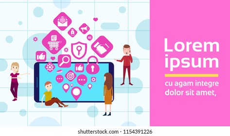 mobile app man woman team network applications icons social media networking concept for design work and animation horizontal flat vector illustration