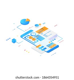 Aplicación móvil para el concepto de administración y organización. Teléfono móvil isométrico con interfaz de usuario futurista y capas de aplicaciones organizadoras para finanzas. UI y aplicación de software. Vector isométrico degradado.