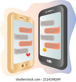 Mobile app messenger with chatting dialog with emoji on two mobile phones screen