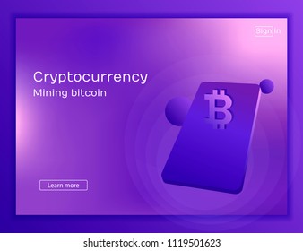 Mobile app for mining cryptocurrency bitcoin, computer technology web page, data center. 3d isometric flat design. Modern vector illustration.