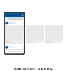 Mobile App Mockup On Realistic Smartphone Screen. Smartphone With Facebook Social Network Carousel Interface Post. Mobile Interface Template Frame Social Network Website. Vector Illustration Layout.