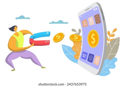 Mobile app monetization and digital marketing vector illustration. Young guy engaged in smartphone application promotion for earning money online