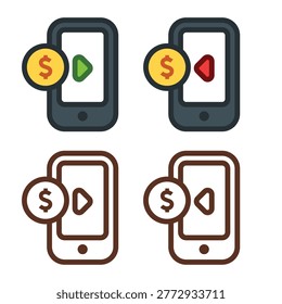 Mobile app monetization icon with a smartphone, dollar coin, and play button. Flat design and clean line art style. Versatile professional vector. Perfect for app development, digital marketing, or online earning concepts. Scalable and editable vector.