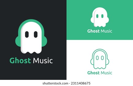 Mobile app music logo, combination of Ghost and Headphone lcon. The graphic concept is Music Industry, stream mobile app music, and digital music, with  minimalist and mainful design.