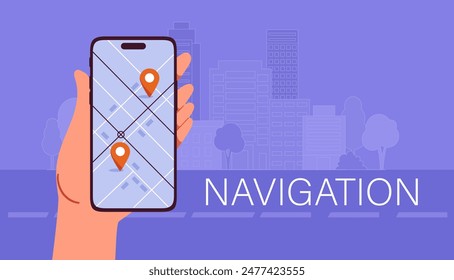Mobile app for navigation. Application for travelers and tourists. Hand holding smartphone with route map, geolocation and GPS. Landing webpage design. Cartoon flat vector illustration