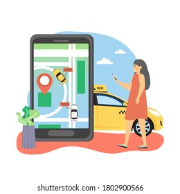 Mobile app with navigation city map and location pin on smartphone screen, woman ordering taxi online using mobile phone, flat vector illustration. Taxi cab vehicle tracking, car rental, carsharing.