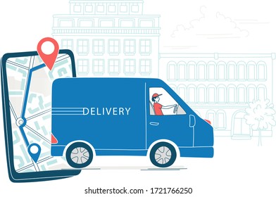 Mobile app with a navigator to track the courier delivering order from the online shop by van. The background of the urban landscape. Vector illustration doodles, thin line art sketch style concept