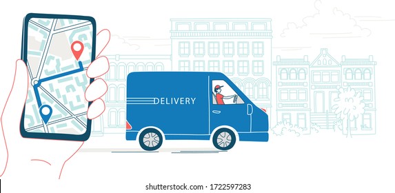 Mobile app with a navigator to track the courier delivering order from the online shop by van. The background of the urban landscape. Vector illustration doodles, thin line art sketch style concept