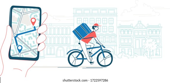 Mobile app with a navigator to track the courier delivering food from the restaurant by bike. The background of the urban landscape. Vector illustration doodles, thin line art sketch style concept