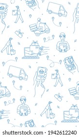 Mobile App mit einem Navigator, um den Kurier zu verfolgen, der die Bestellung im Online-Shop abgibt. Nahtloser Musterhintergrund. Vektorgrafik-Doodles, Design-Konzept für eine dünne Linie. Blau-Weiß