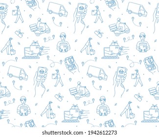 Mobile app with a navigator to track the courier delivering order from the online shop. Seamless pattern background. Vector illustration doodles, thin line art sketch style concept. Blue and white