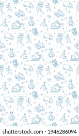 Mobile app with a navigator to track the courier delivering order from the online shop. Seamless pattern background. Vector illustration doodles, thin line art sketch style concept. Blue and white