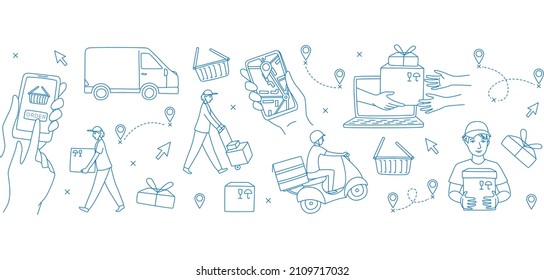 Mobile app with a navigator to track the courier delivering order from the online shop. Seamless frame border pattern background. Vector illustration doodles, thin line style concept. Blue and white